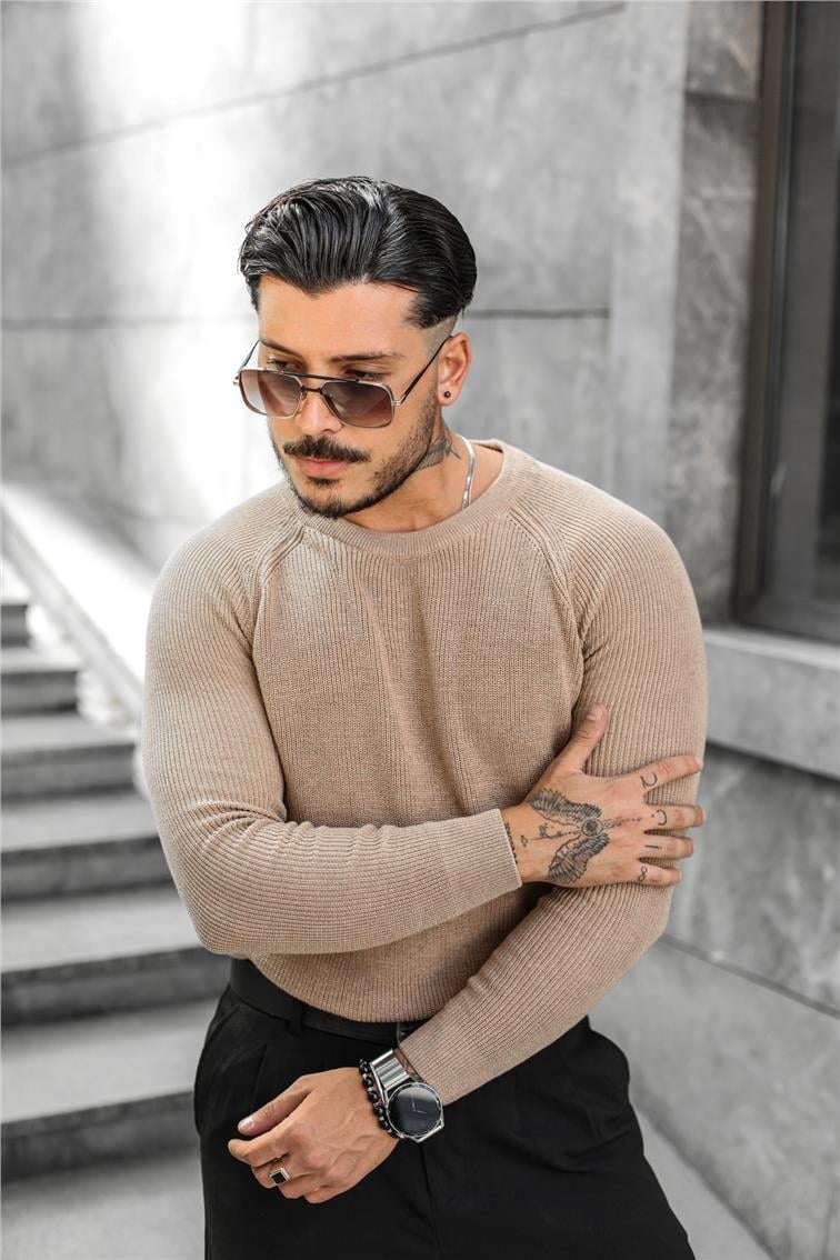 Omuz Detay Triko Örgülü Slim Fit Kazak Kahve