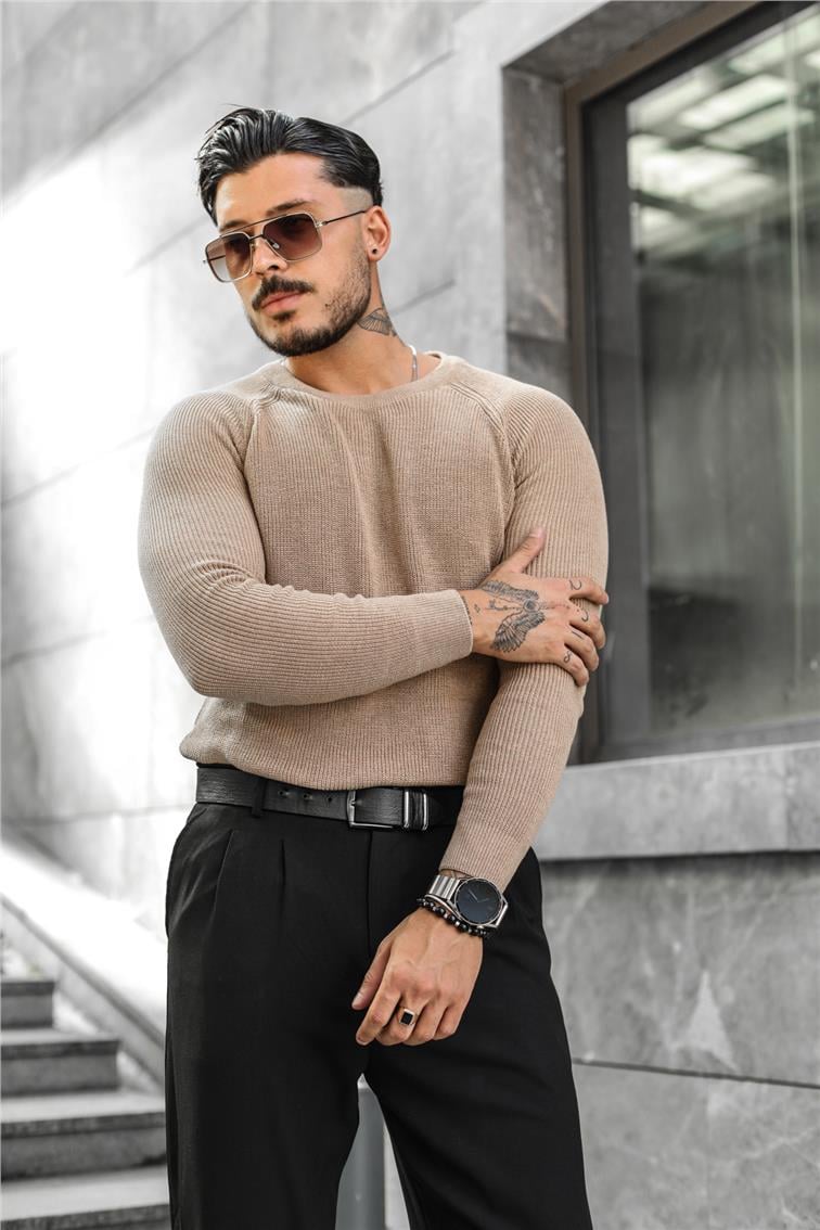 Omuz Detay Triko Örgülü Slim Fit Kazak Kahve