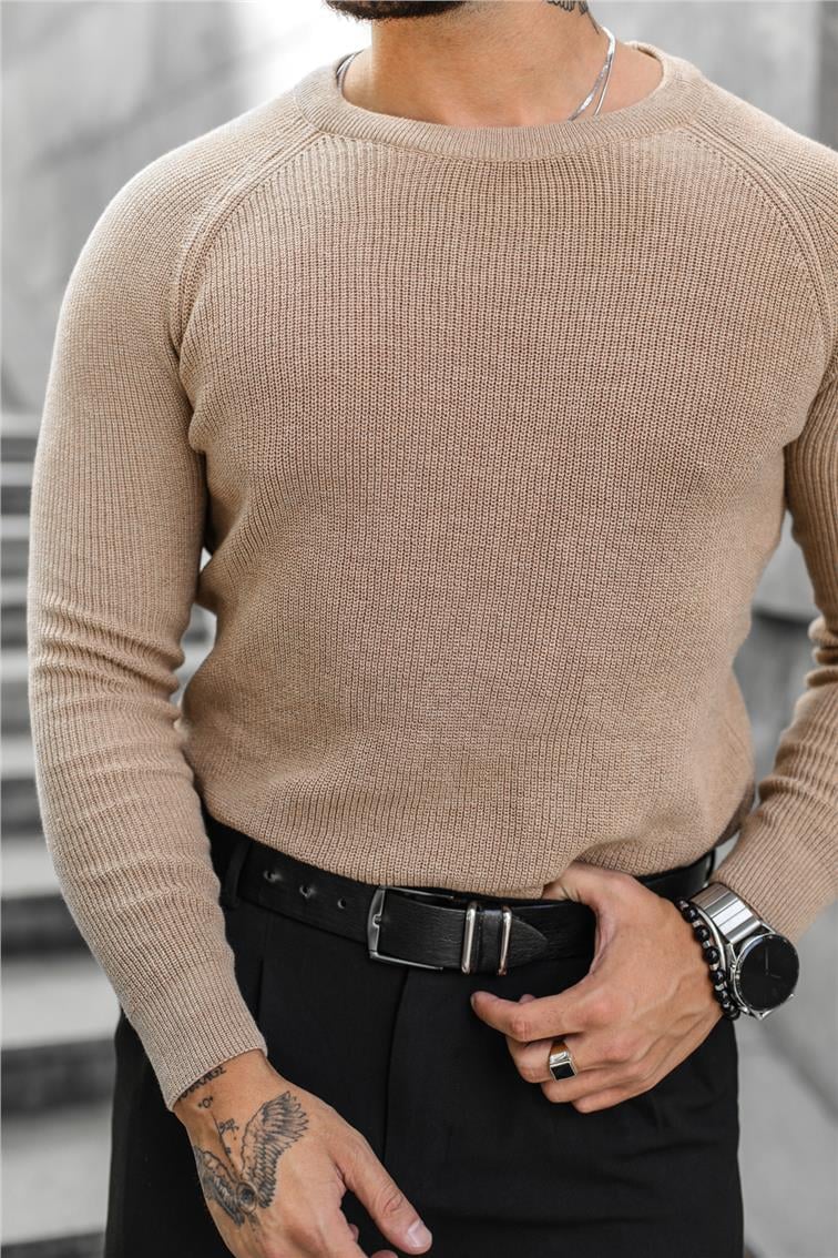 Omuz Detay Triko Örgülü Slim Fit Kazak Kahve