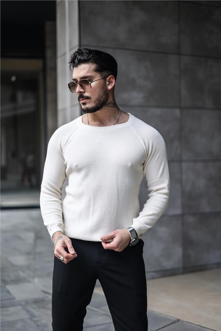 Omuz Detay Triko Örgülü Slim Fit Kazak Krem