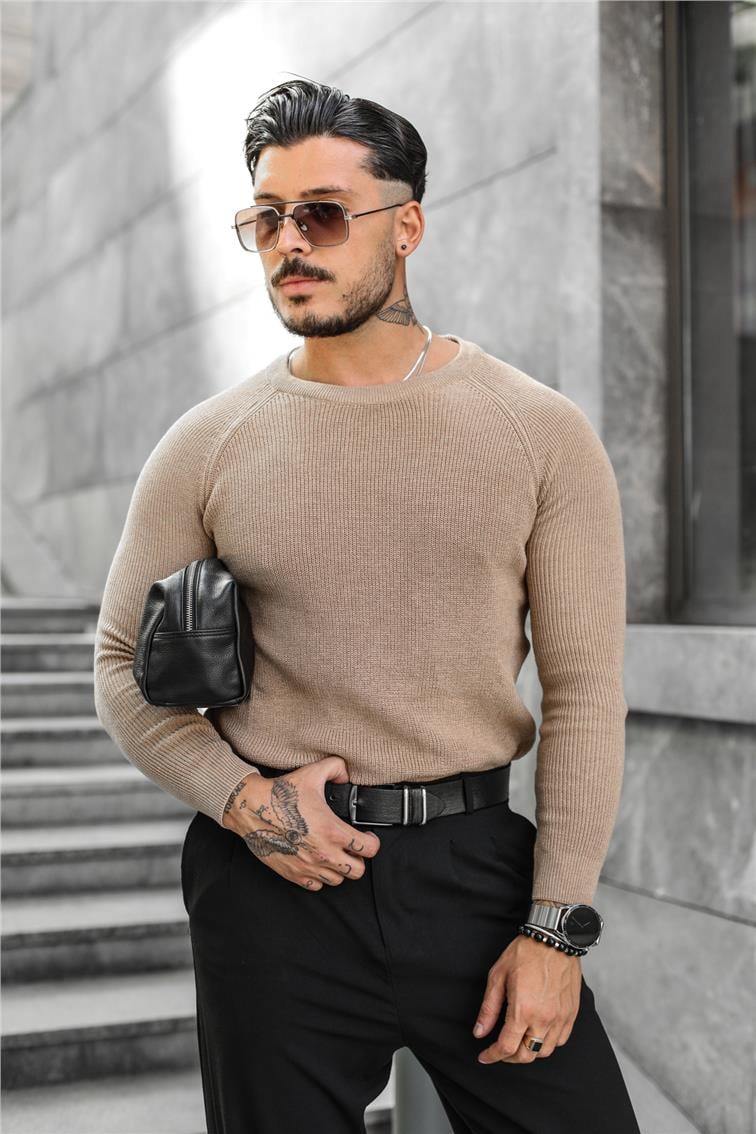 Omuz Detay Triko Örgülü Slim Fit Kazak Kahve