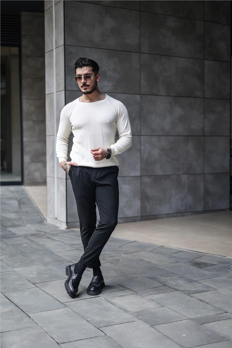 Omuz Detay Triko Örgülü Slim Fit Kazak Krem
