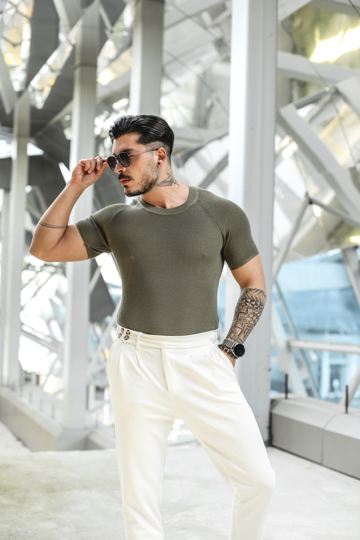 Omuz Detay Triko Tshirt Haki