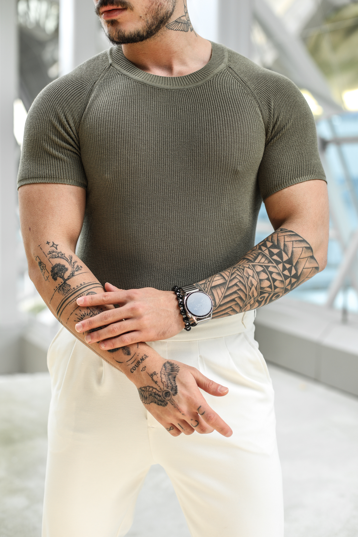 Omuz Detay Triko Tshirt Haki