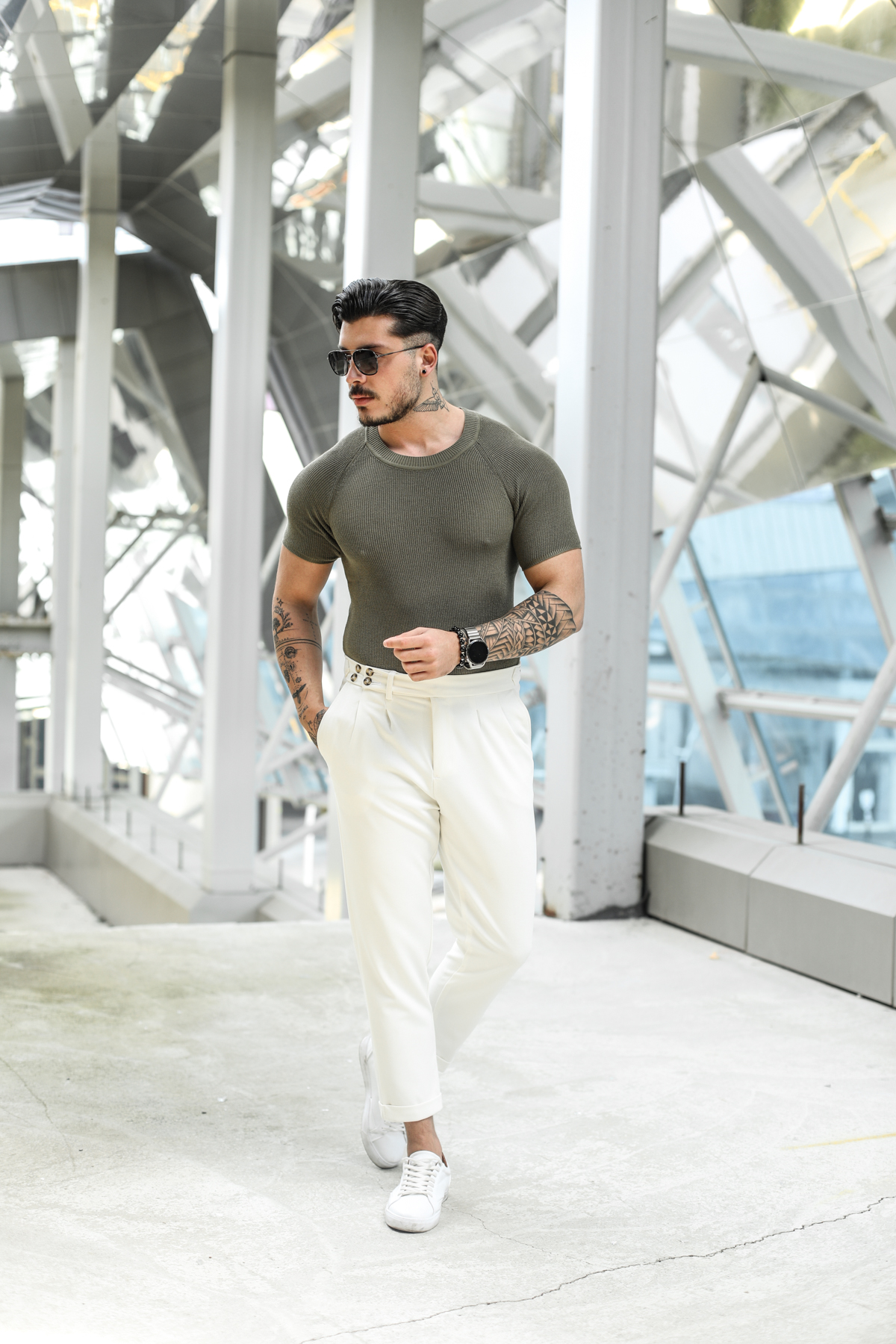 Omuz Detay Triko Tshirt Haki