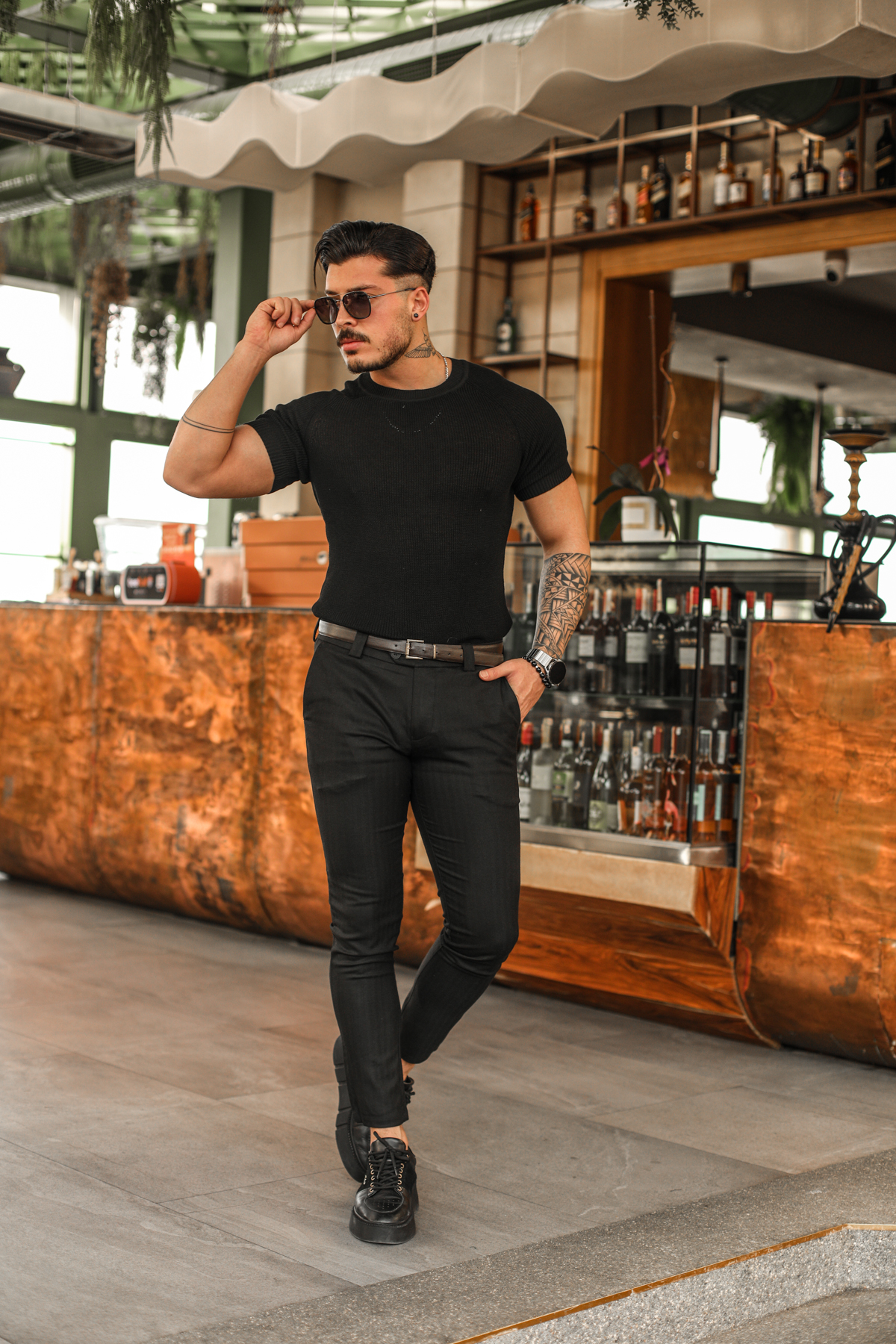 Omuz Detay Triko Tshirt Siyah