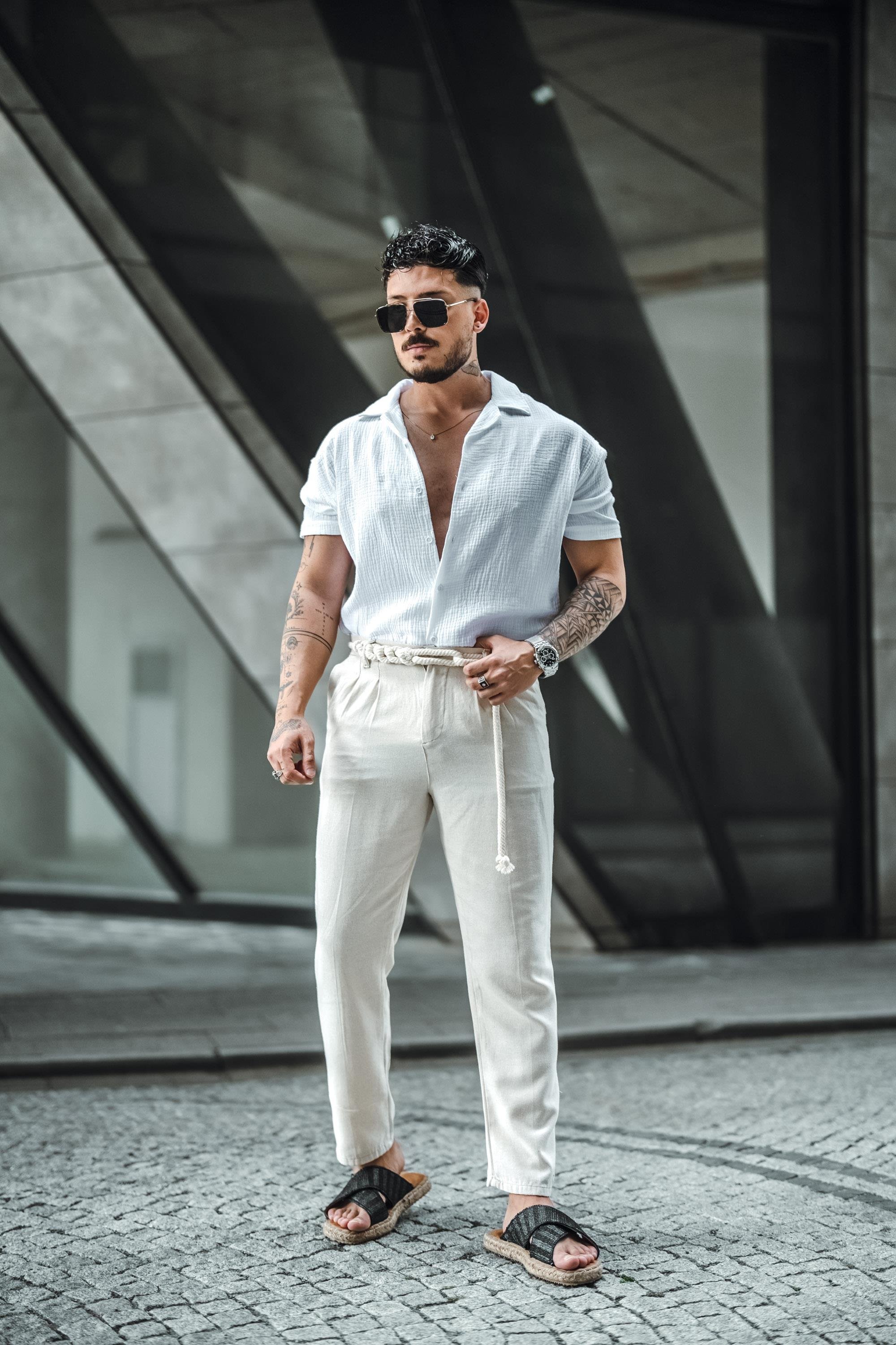 Örgü İp Detaylı Keten Pantolon Bej