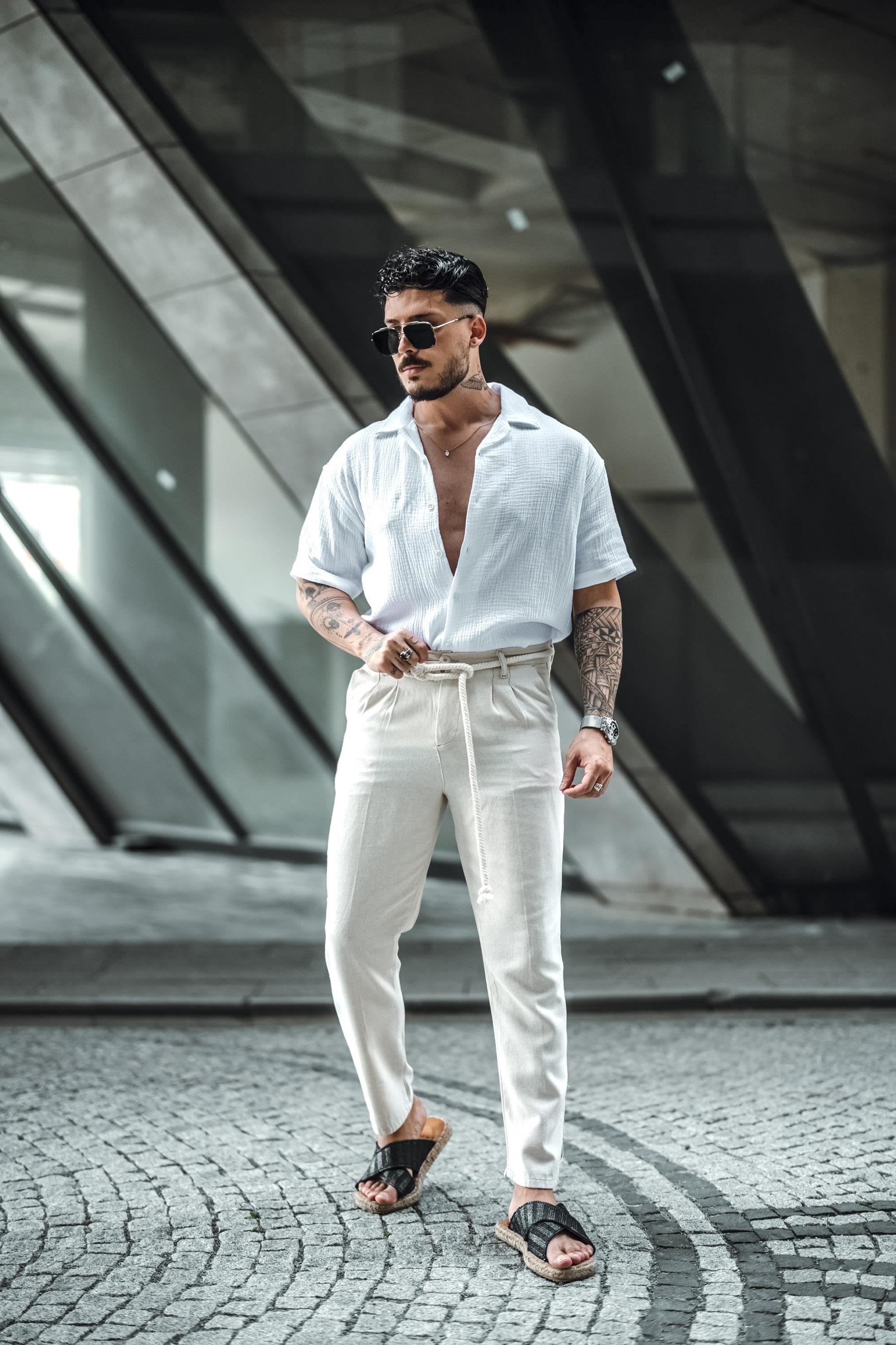 Örgü İp Detaylı Keten Pantolon Bej