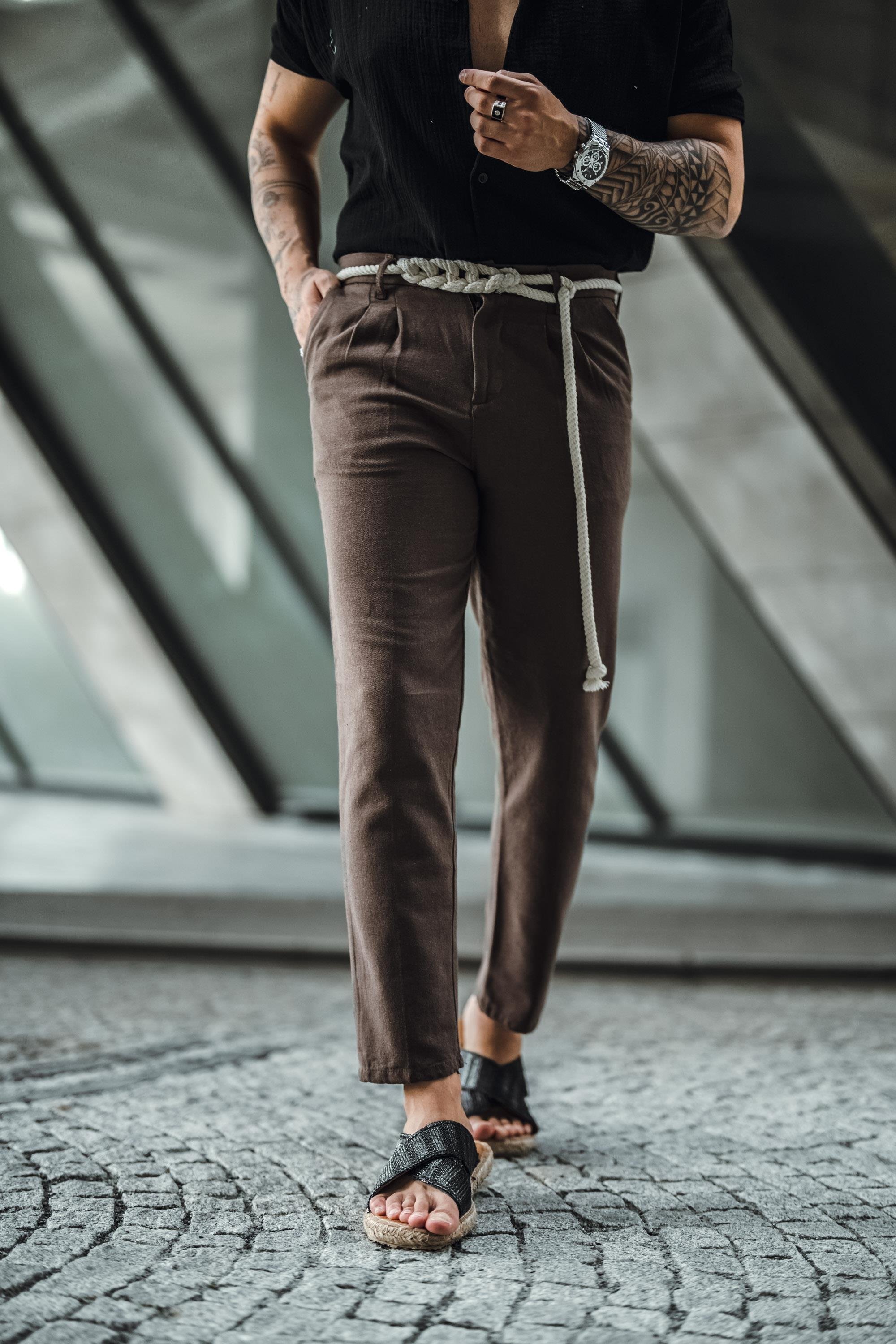 Örgü İp Detaylı Keten Pantolon Kahve