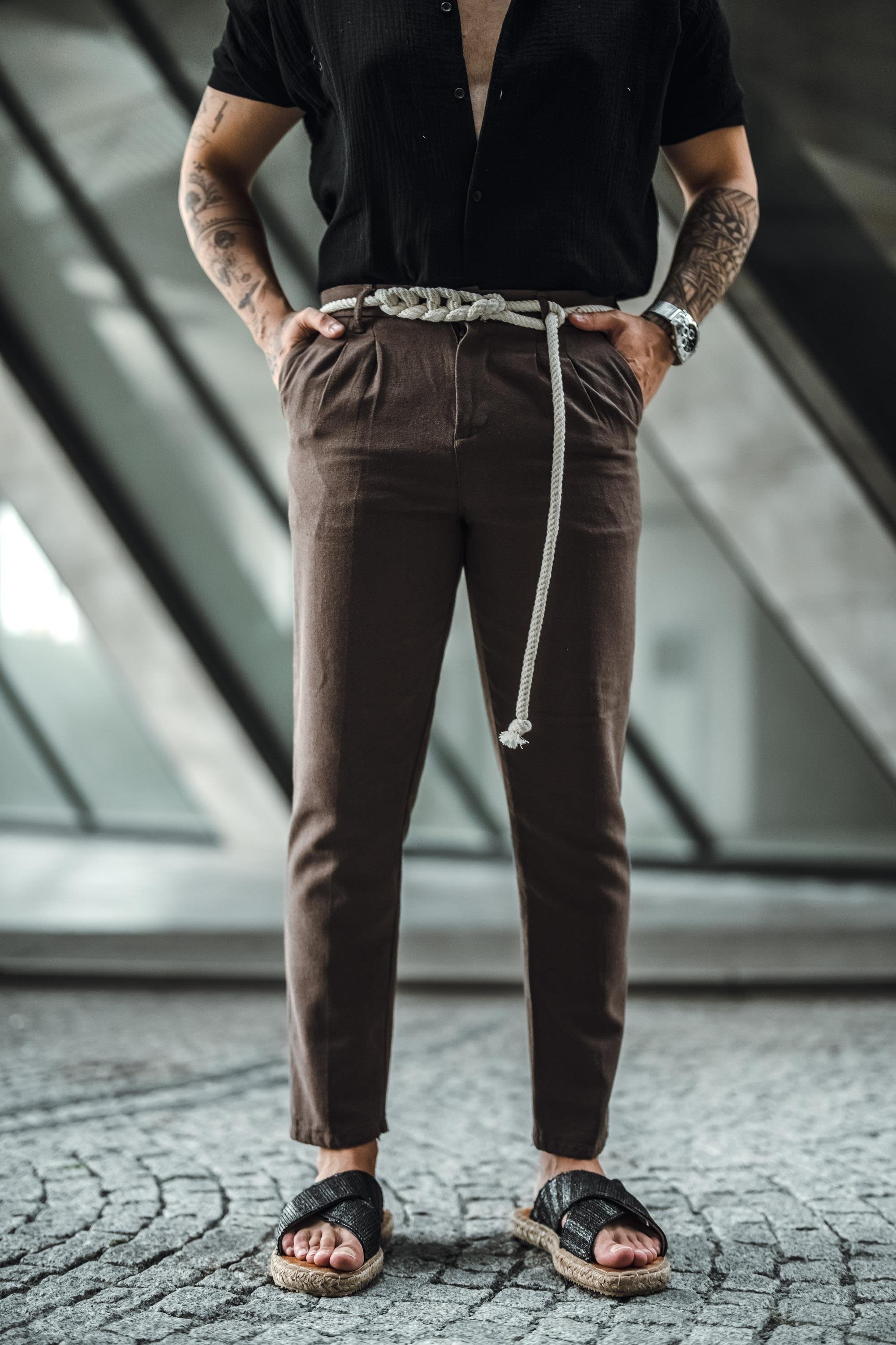Örgü İp Detaylı Keten Pantolon Kahve