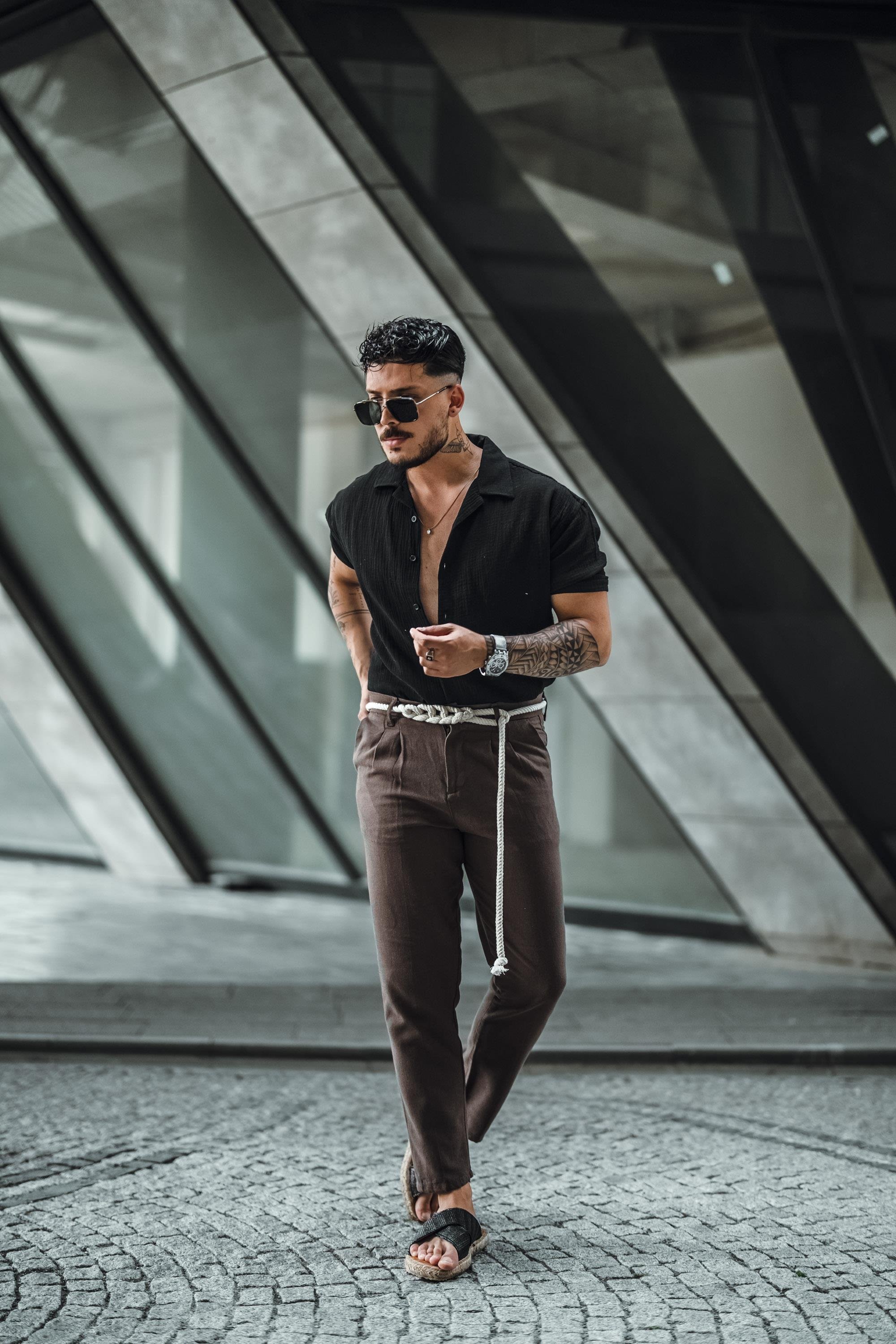 Örgü İp Detaylı Keten Pantolon Kahve