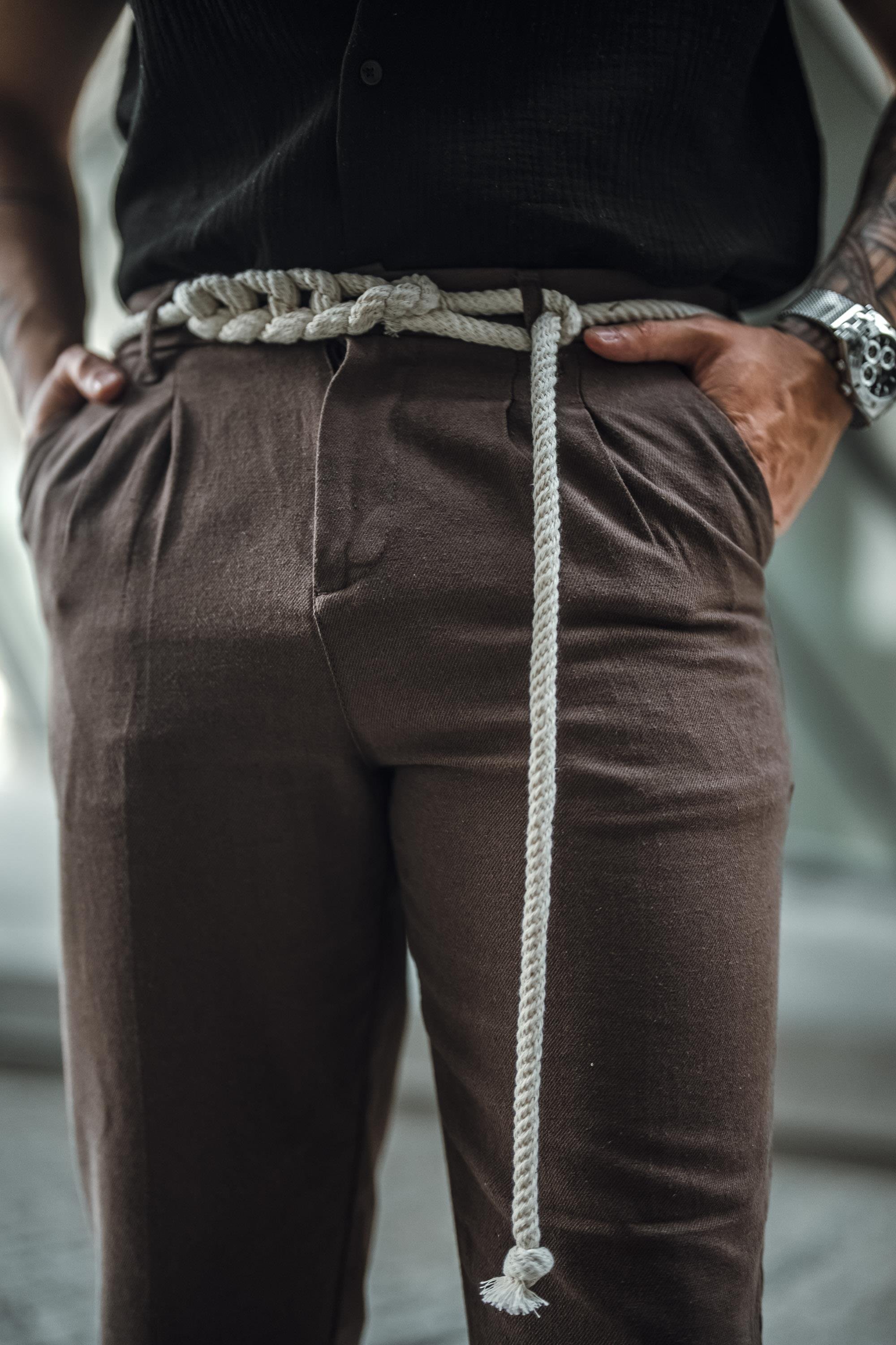 Örgü İp Detaylı Keten Pantolon Kahve