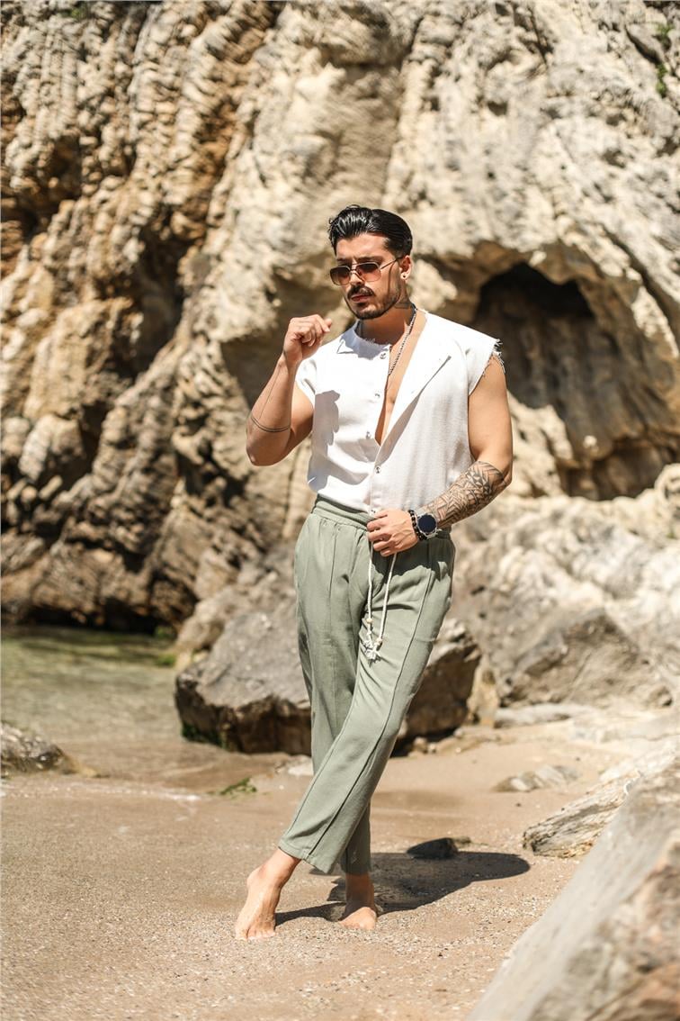 Örgü İpli Keten Boyfriend Pantolon Mint