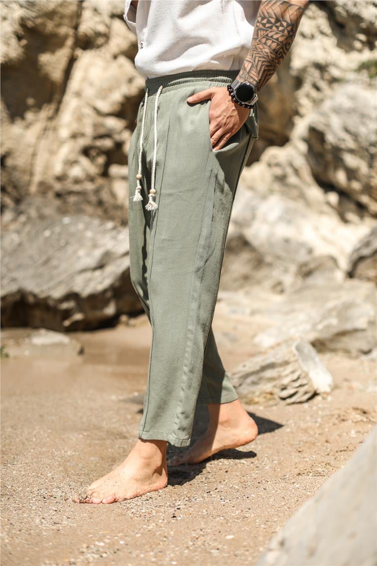 Örgü İpli Keten Boyfriend Pantolon Mint