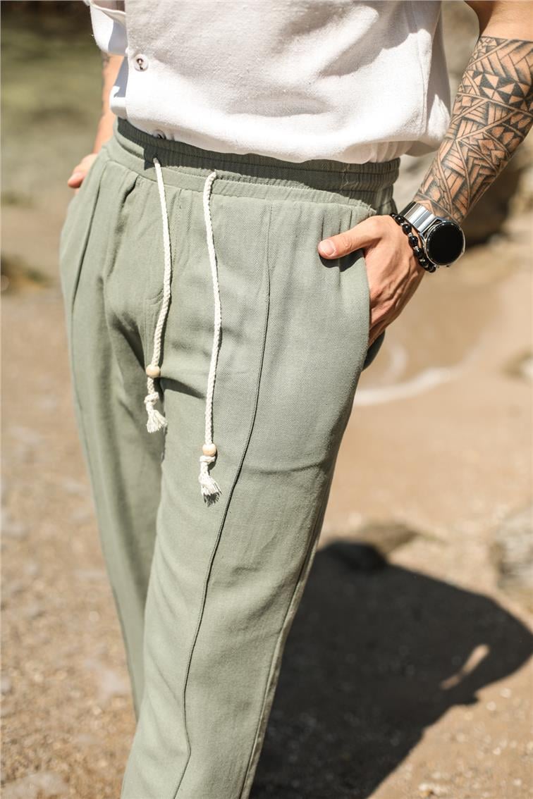 Örgü İpli Keten Boyfriend Pantolon Mint