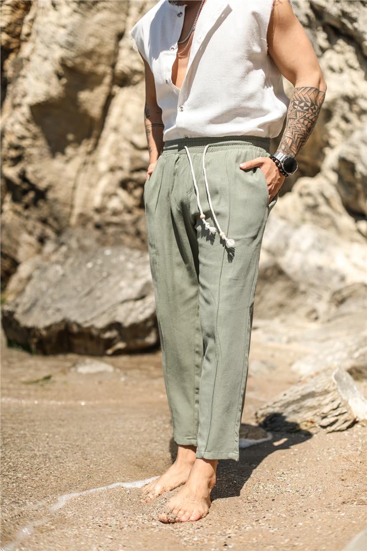 Örgü İpli Keten Boyfriend Pantolon Mint