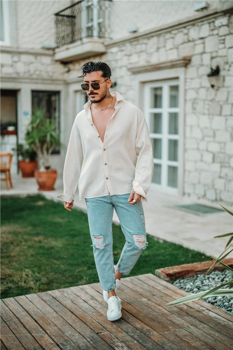 Örgülü Oversize Gömlek Krem