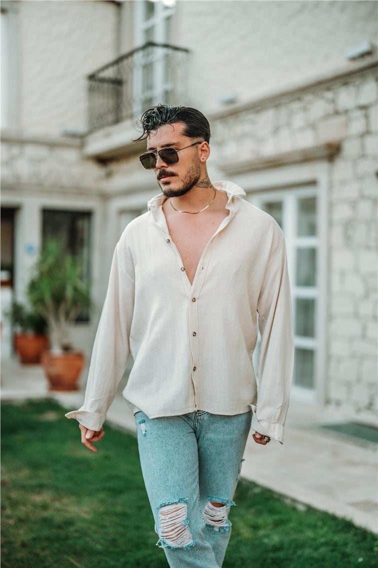 Örgülü Oversize Gömlek Krem