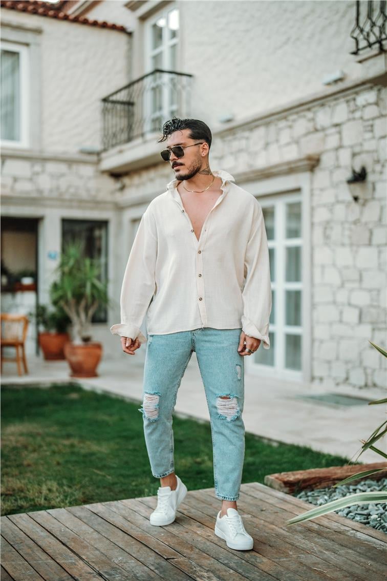 Örgülü Oversize Gömlek Krem