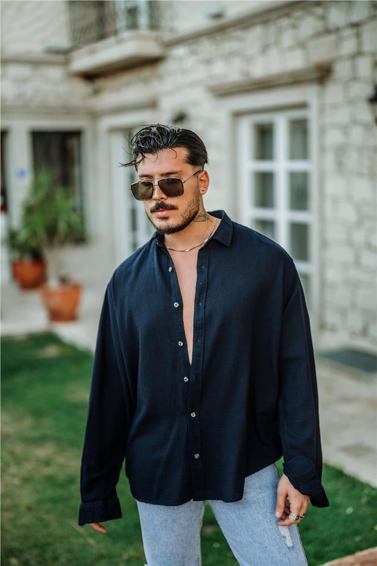 Örgülü Oversize Gömlek Lacivert