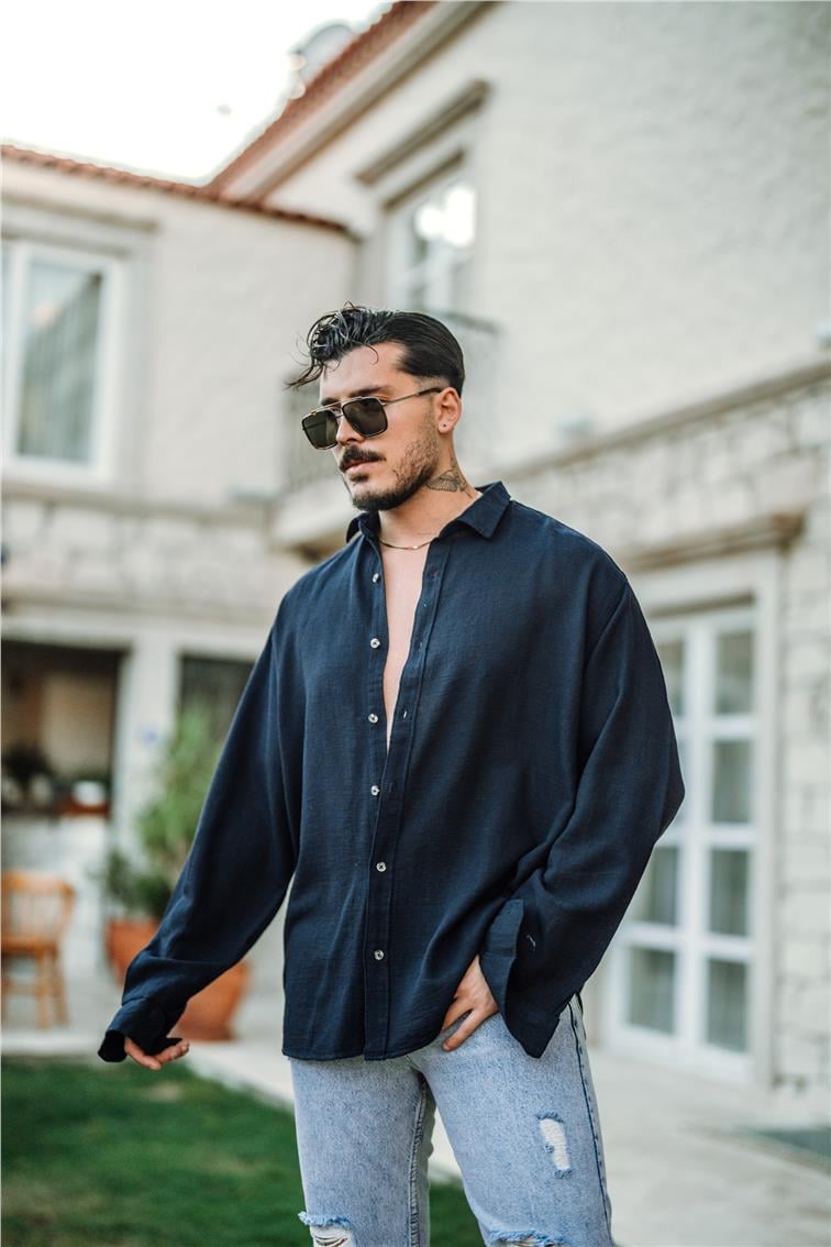 Örgülü Oversize Gömlek Lacivert
