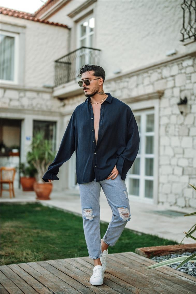 Örgülü Oversize Gömlek Lacivert