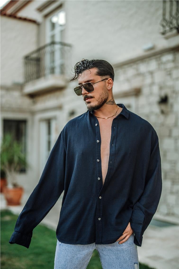 Örgülü Oversize Gömlek Lacivert