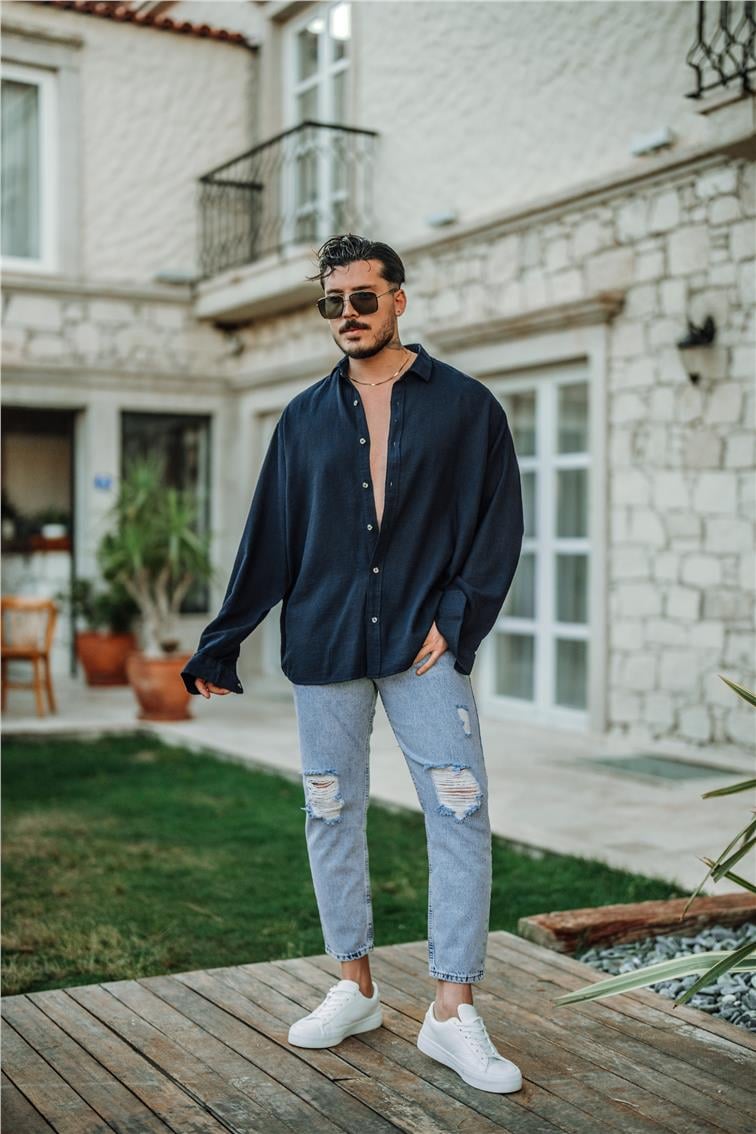 Örgülü Oversize Gömlek Lacivert