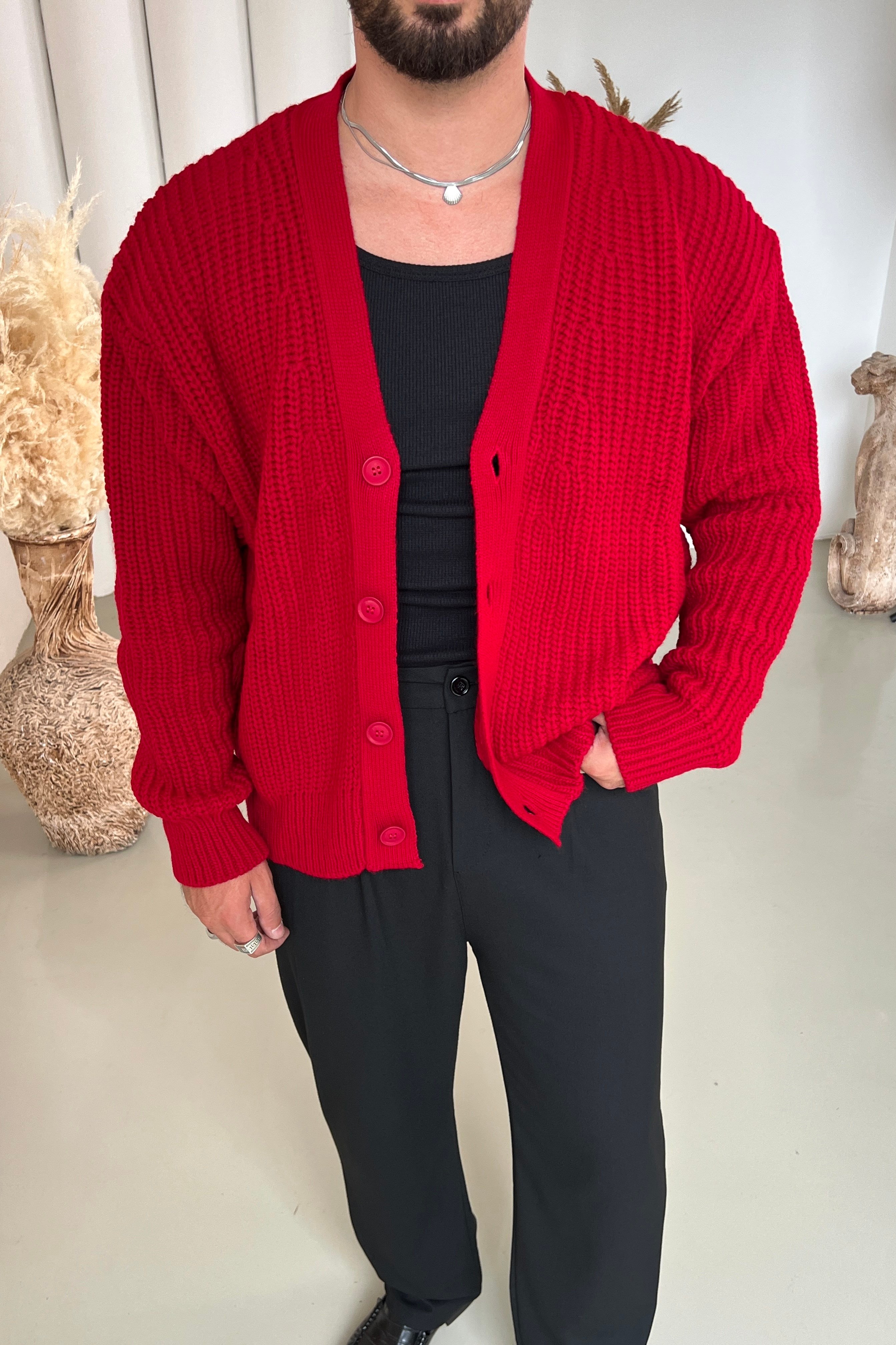 Örgülü Oversize Hırka Kırmızı
