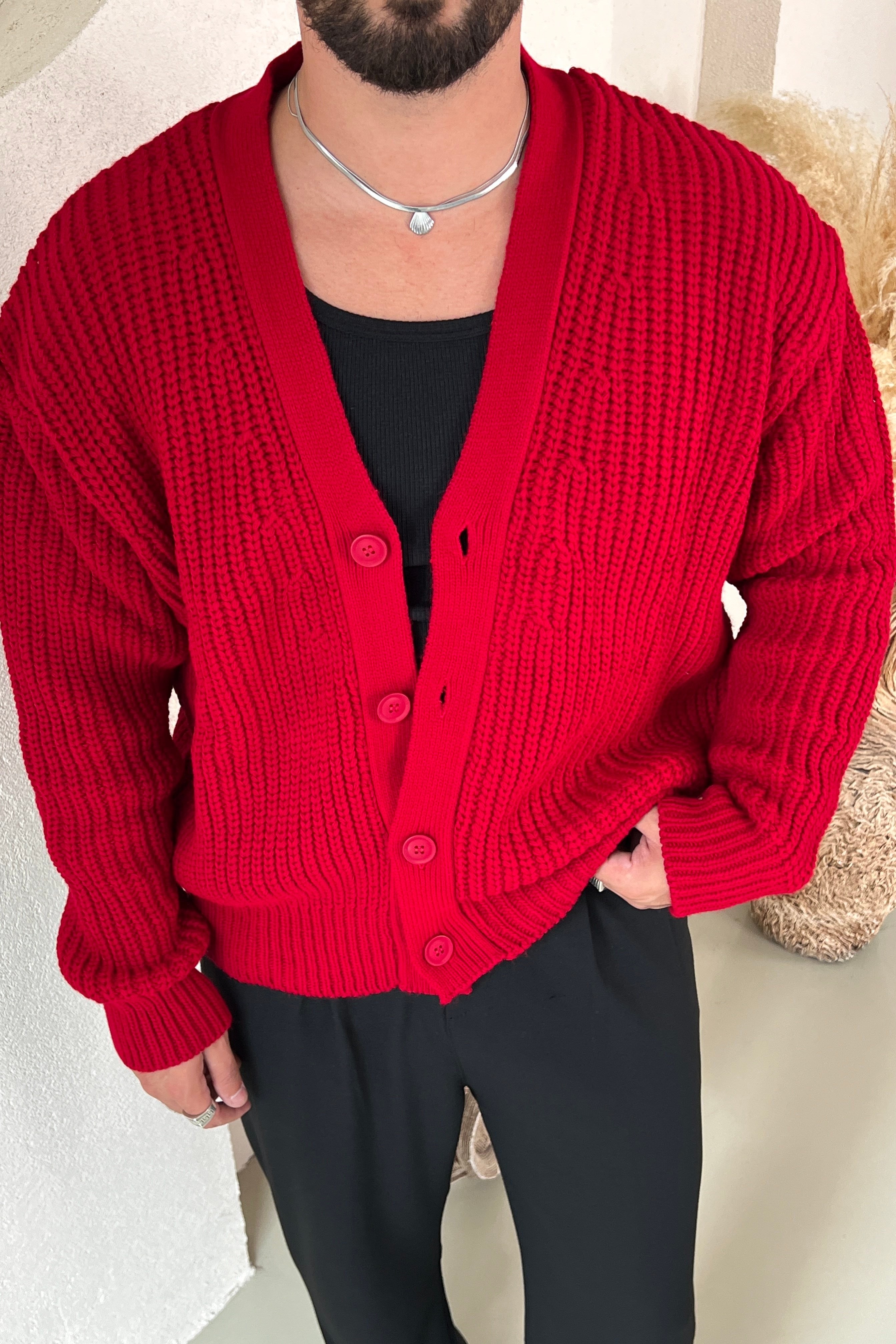Örgülü Oversize Hırka Kırmızı