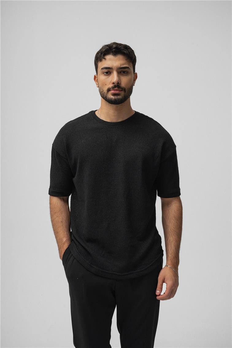 Örgülü Oversize T-Shirt Siyah