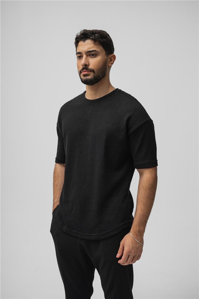 Örgülü Oversize T-Shirt Siyah