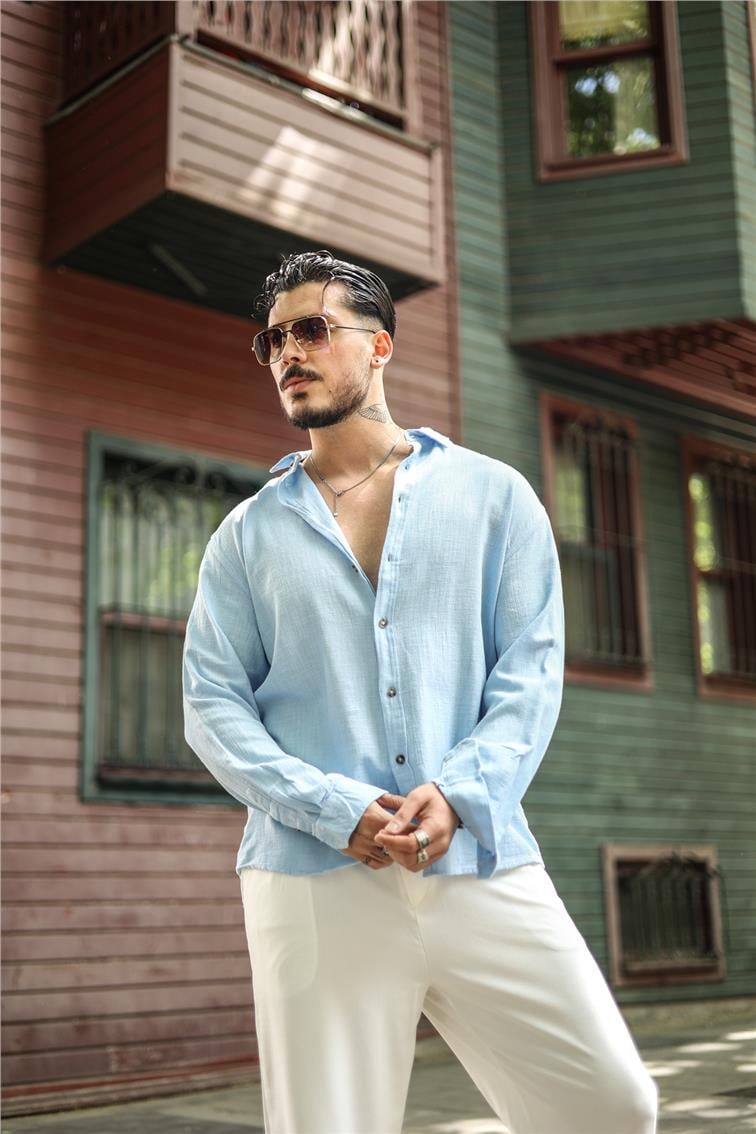 Örgülü Pamuklu Oversize Gömlek Açık Mavi