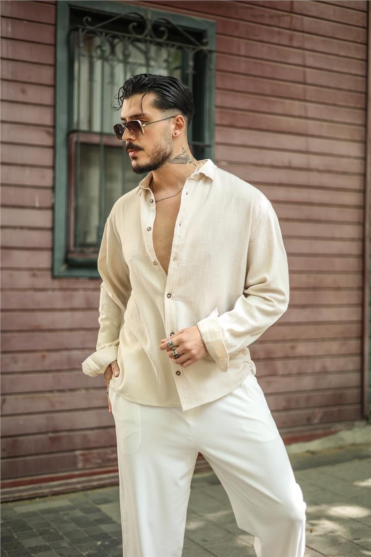 Örgülü Pamuklu Oversize Gömlek Krem