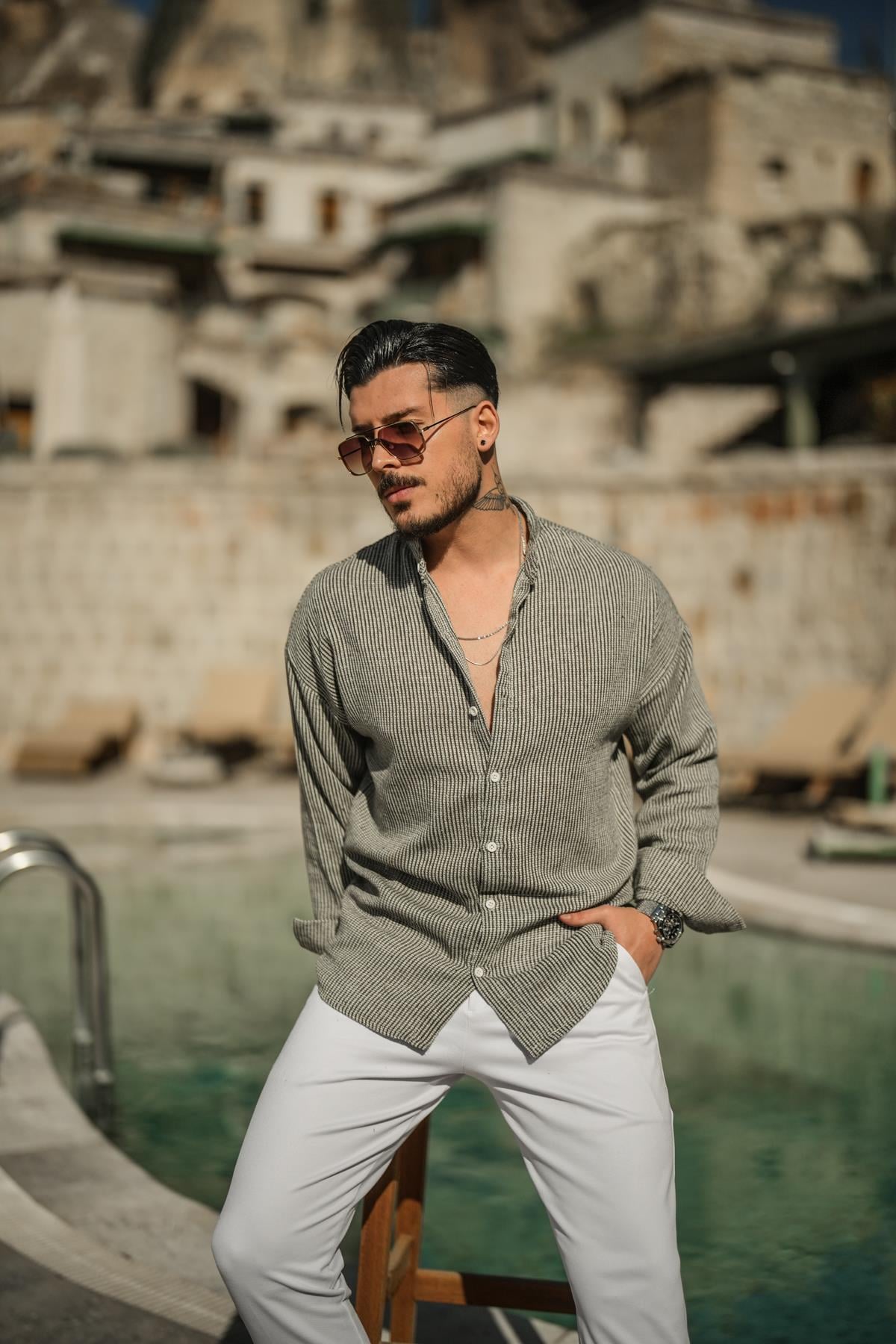 Örme Basic Dik Yakalı Pamuklu Gömlek Haki