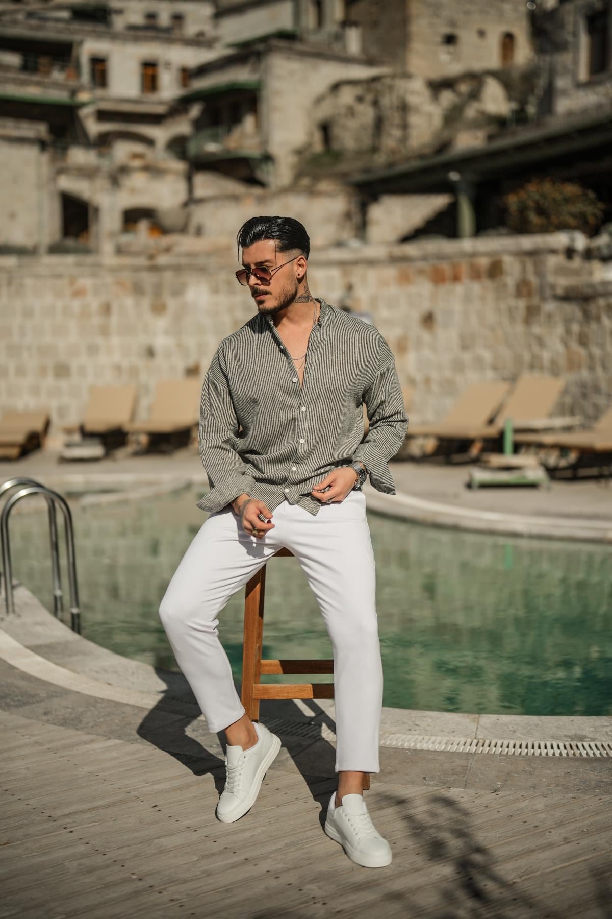 Örme Basic Dik Yakalı Pamuklu Gömlek Haki