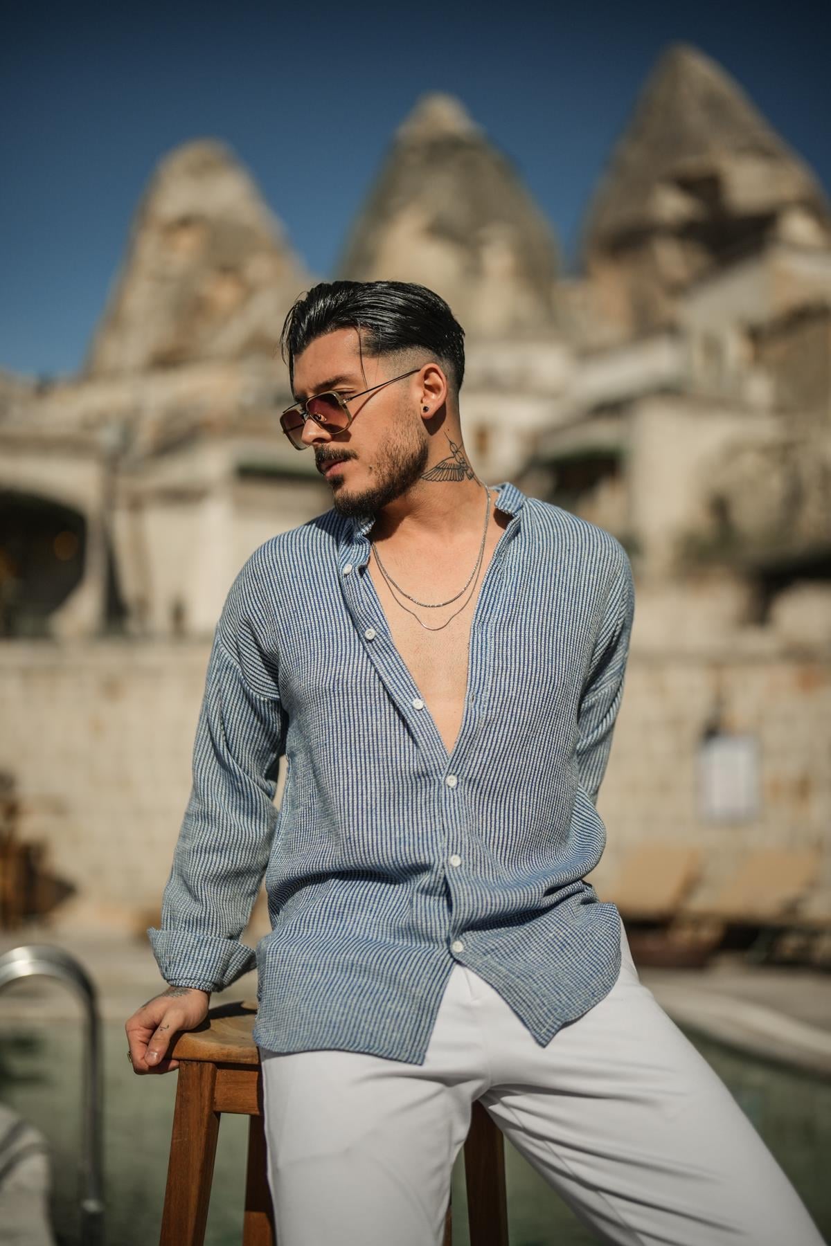 Örme Basic Dik Yakalı Pamuklu Gömlek Koyu Mavi