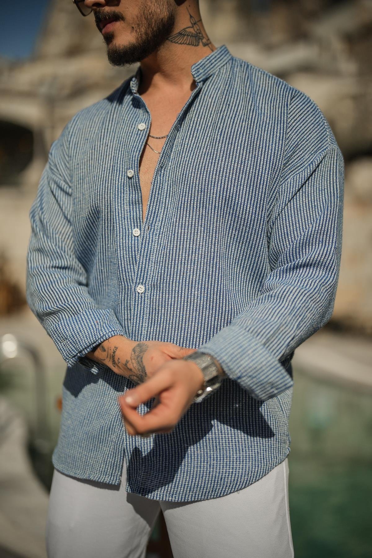 Örme Basic Dik Yakalı Pamuklu Gömlek Koyu Mavi