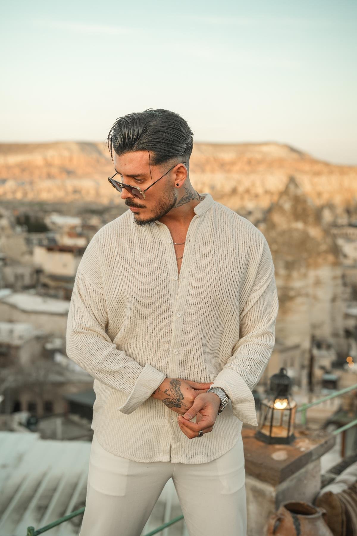 Örme Basic Dik Yakalı Pamuklu Gömlek Krem