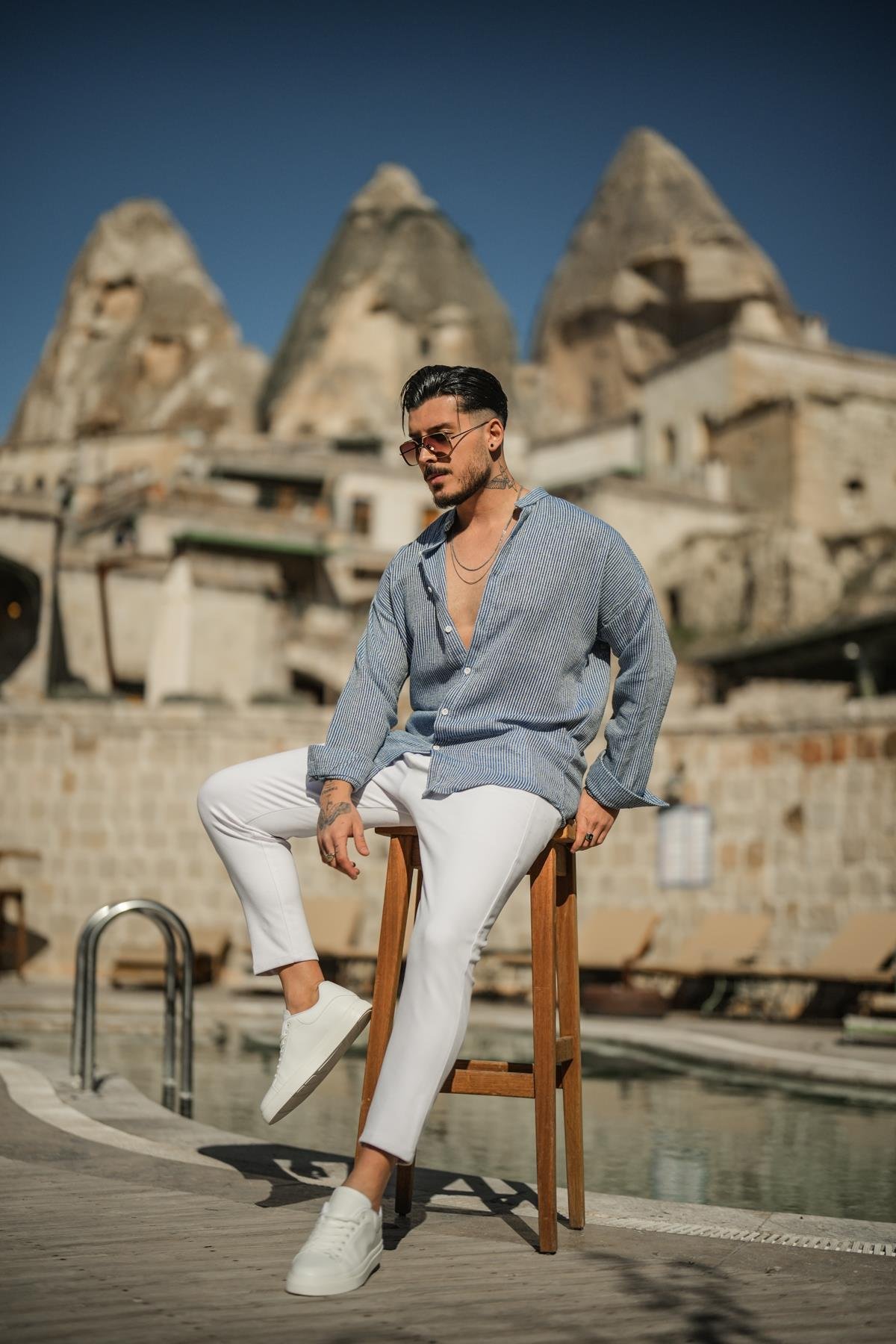 Örme Basic Dik Yakalı Pamuklu Gömlek Koyu Mavi