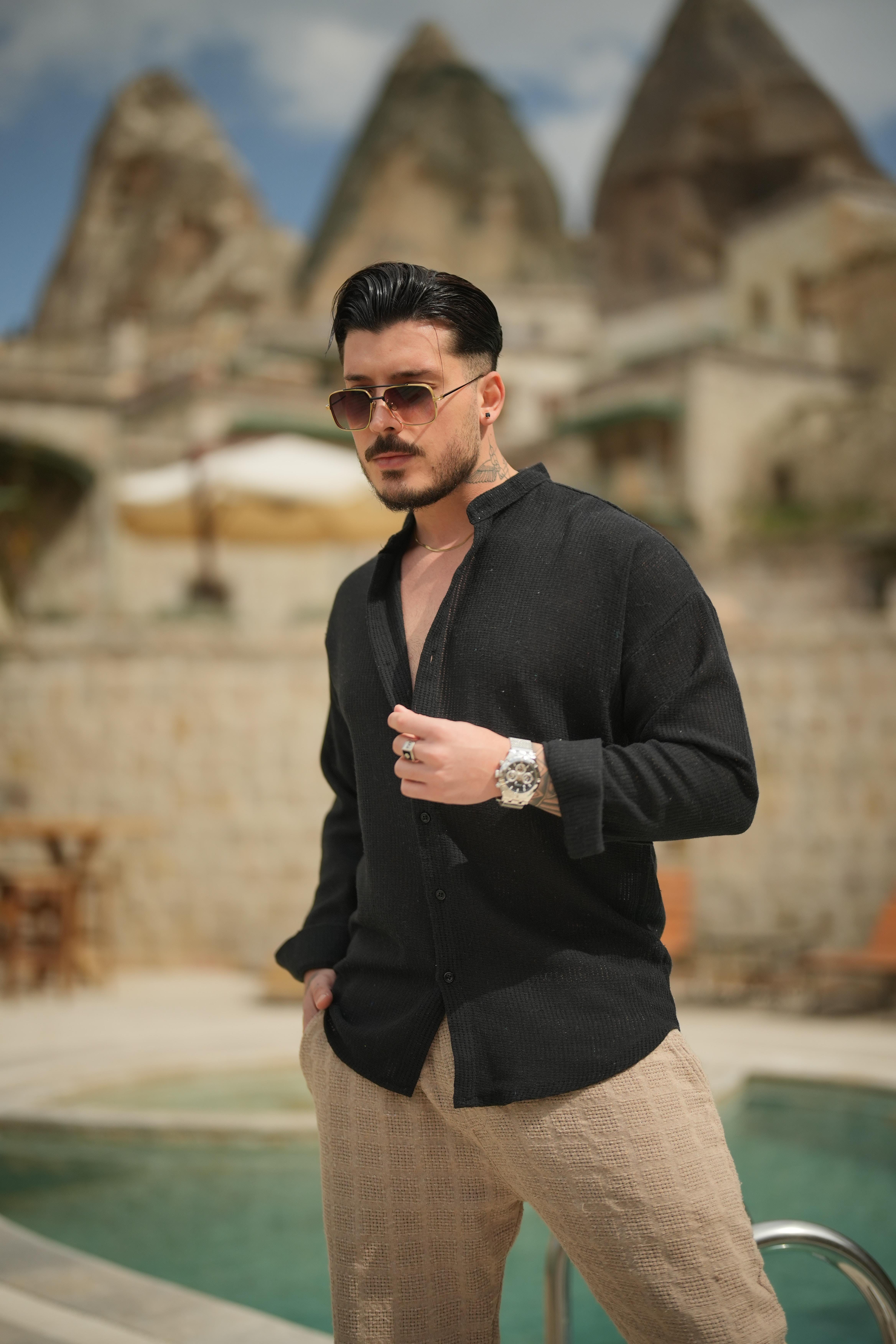 Örme Basic Dik Yakalı Pamuklu Gömlek Siyah