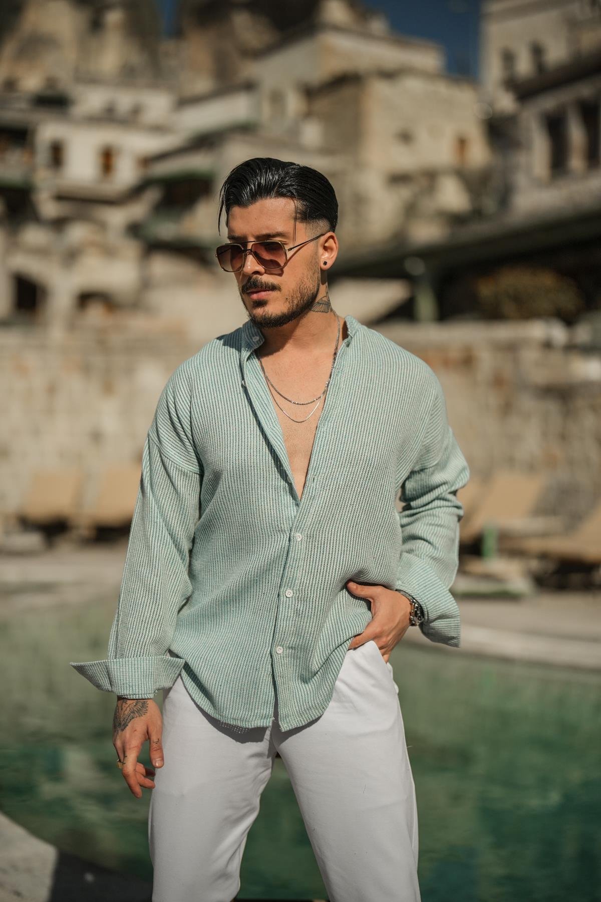 Örme Basic Dik Yakalı Pamuklu Gömlek Turkuaz