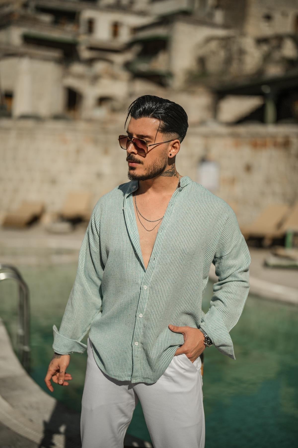 Örme Basic Dik Yakalı Pamuklu Gömlek Turkuaz