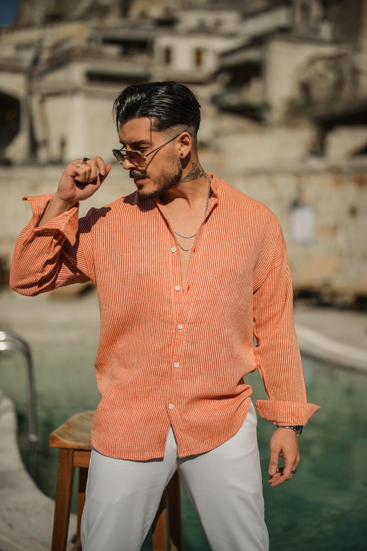 Örme Basic Dik Yakalı Pamuklu Gömlek Turuncu