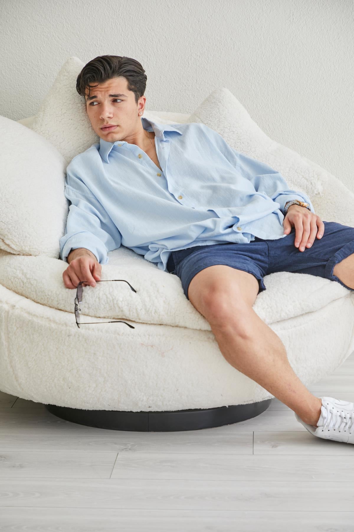 Örme Oversize Gömlek Açık Mavi