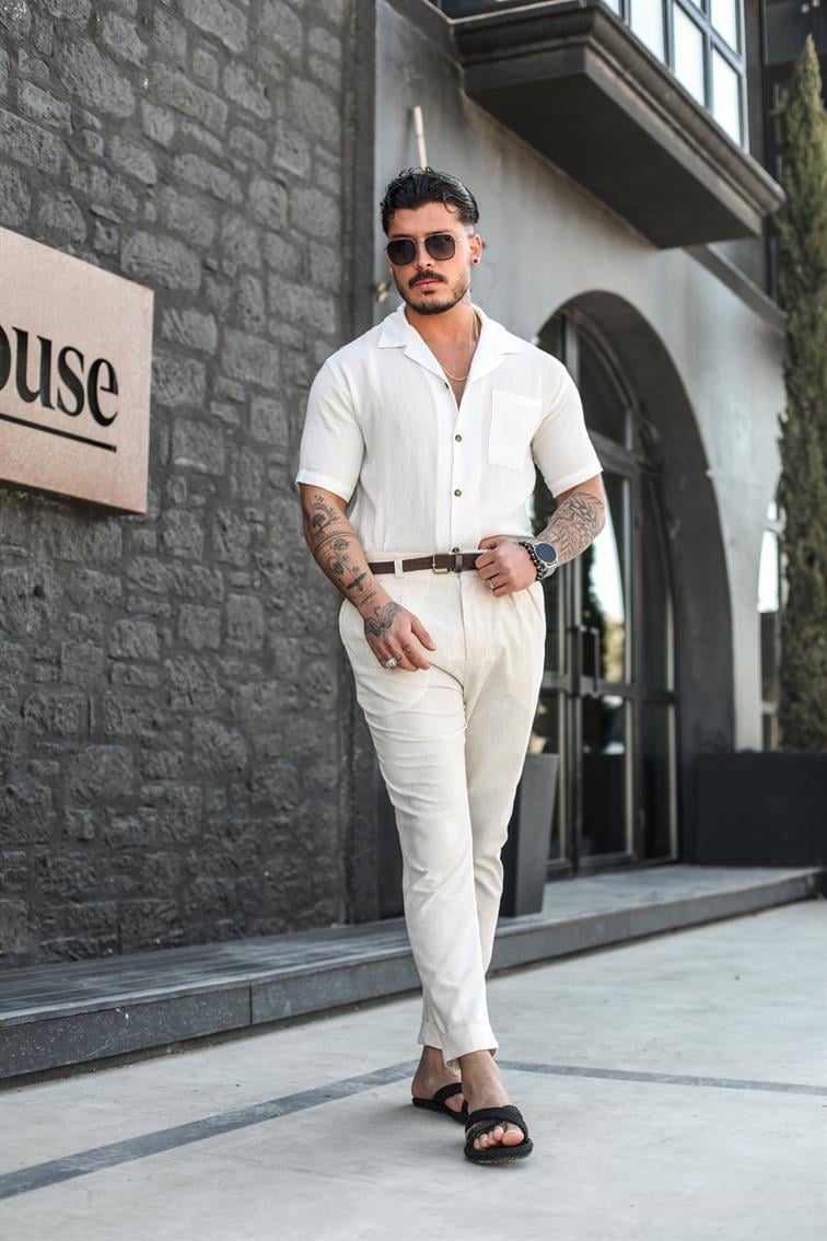 Örme Pamuk Kısa Kol Gömlek Beyaz