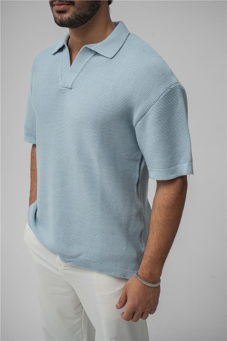 Örme Polo Yaka Oversize T-Shirt Açık Mavi