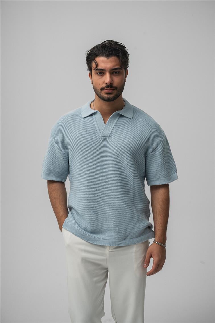 Örme Polo Yaka Oversize T-Shirt Açık Mavi