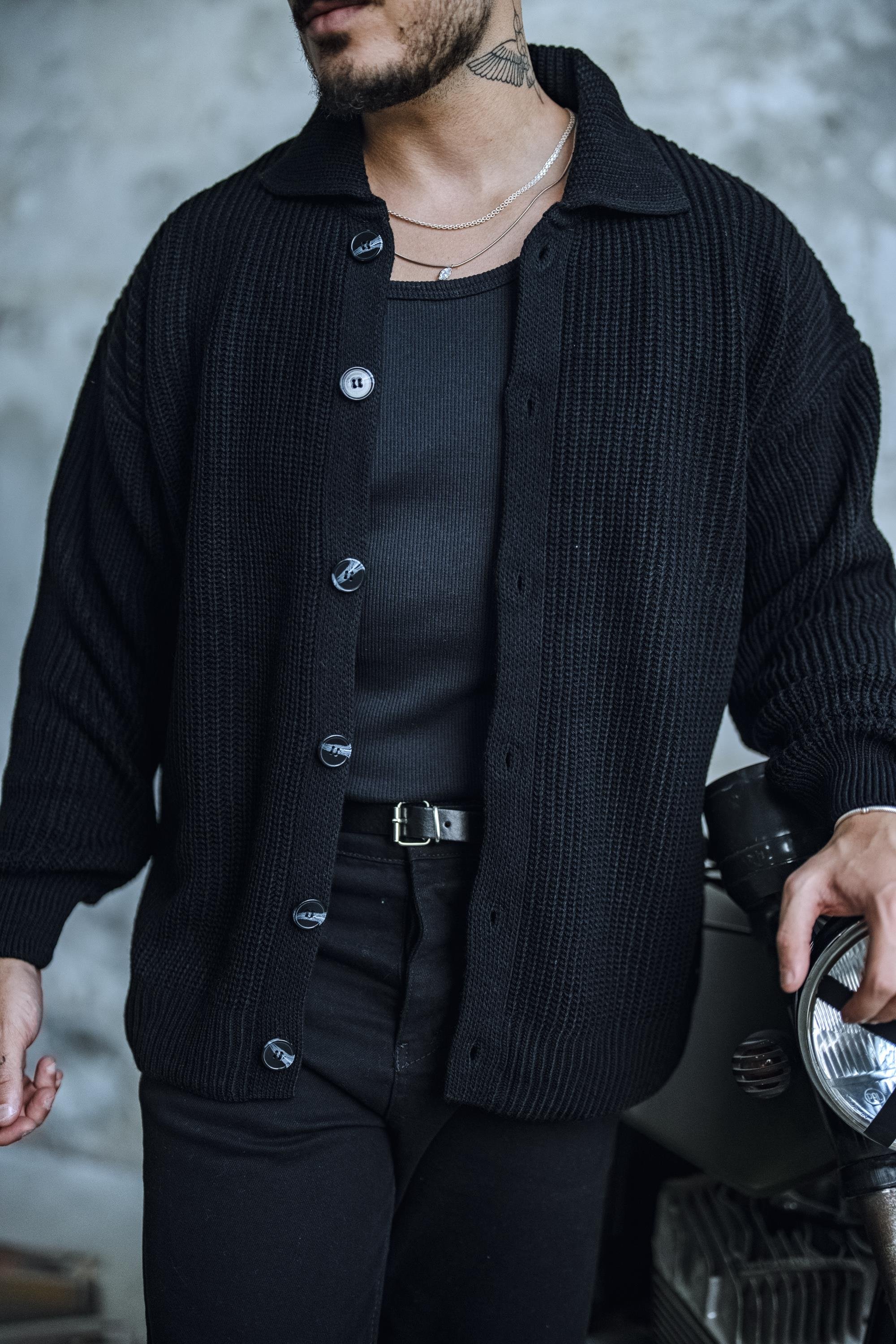 Örme Yakalı Rahat Kalıp Hırka Siyah