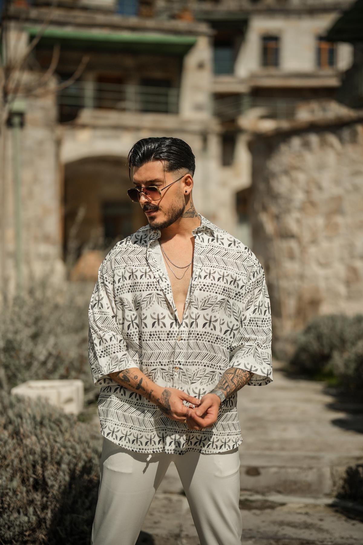 Otantik Desenli Oversize Fakir Kol Gömlek Siyah